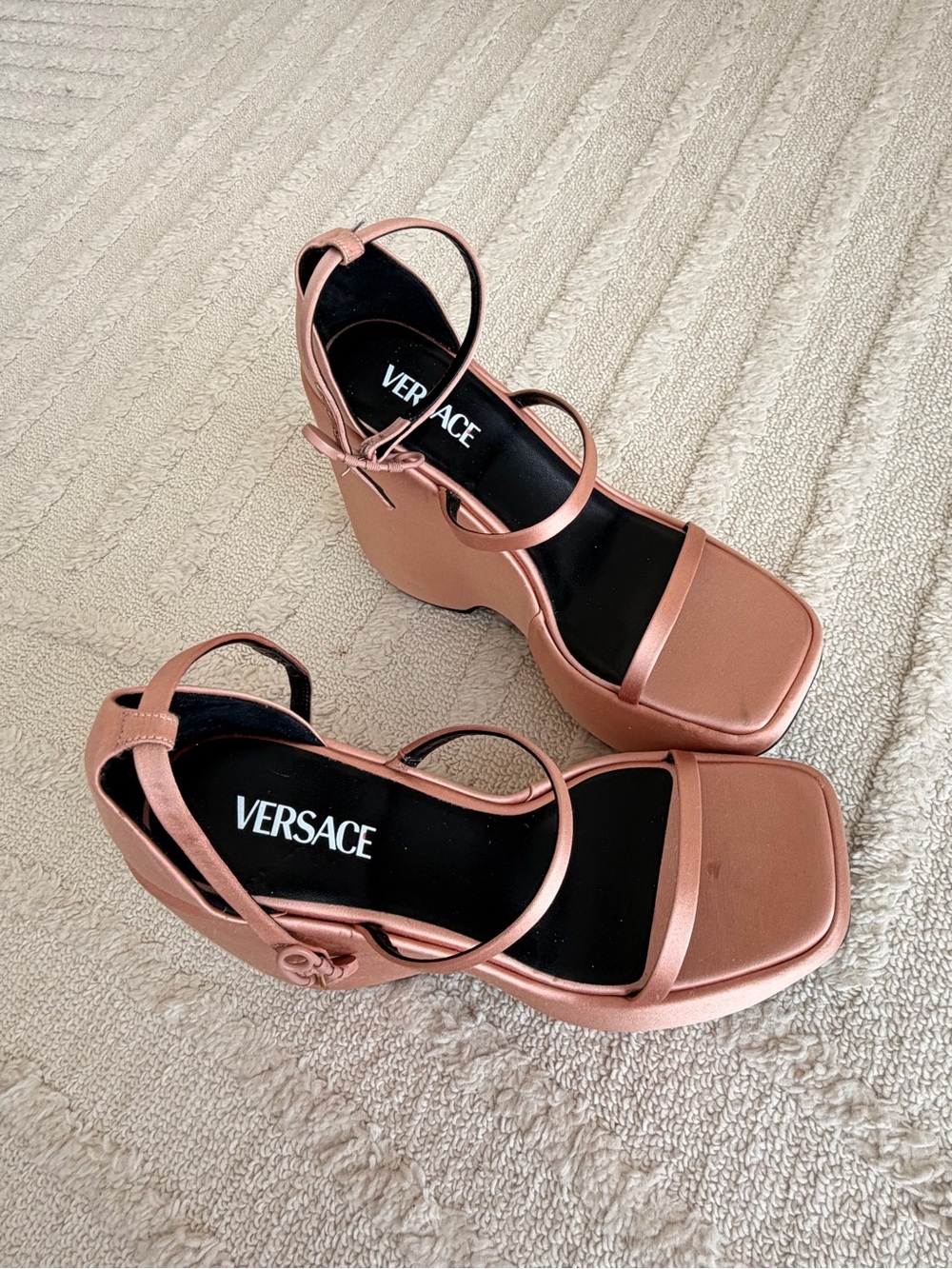 Versace Rose Gold Satin Platform Wedge Sandals / Size US 9.5/10 - Picture 3 of 8